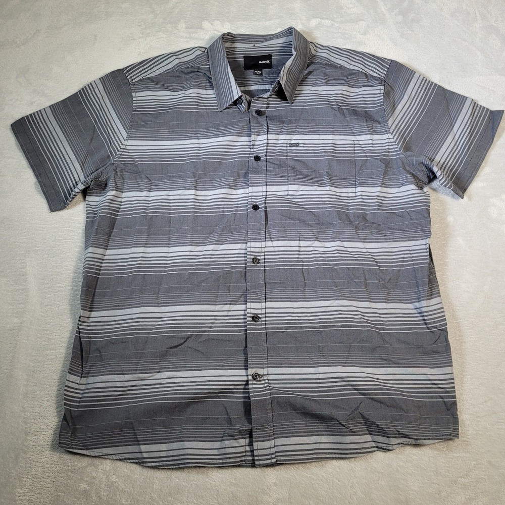 Hurley‎ Shirt Mens XXL Gray Striped Short Sleeve Button Up Skater Cotton Casual